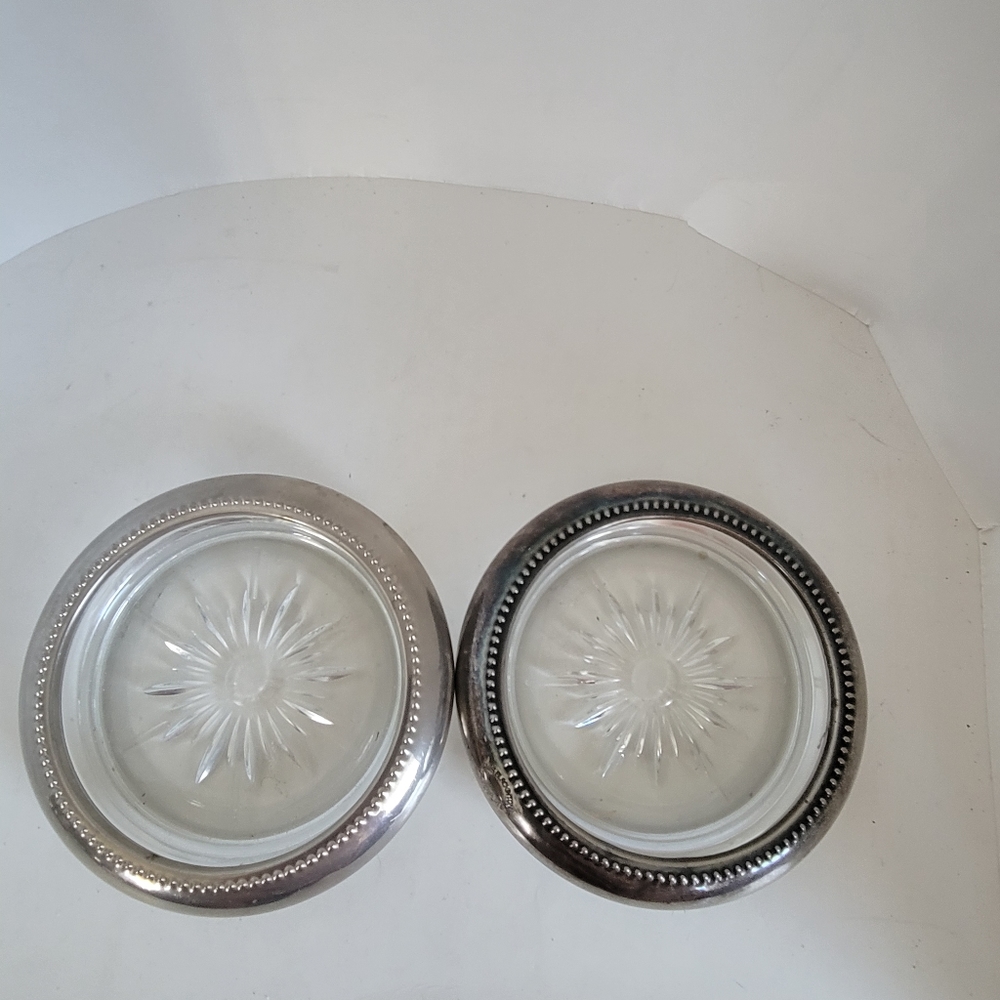 Silverplate and Glass Vintage Mid Century Coasters,Starburst Pattern Set of 2